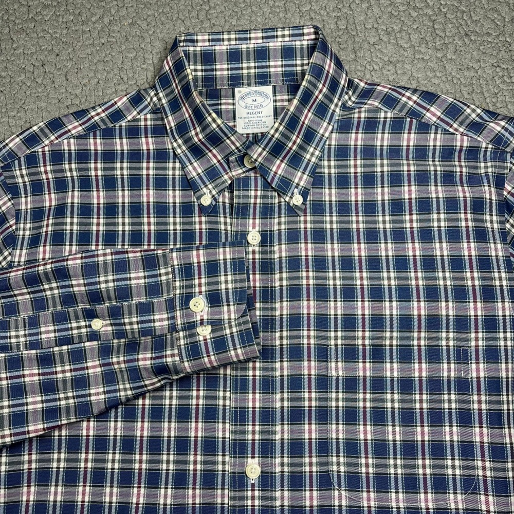 Brooks Brothers Button Down Shirt Mens M Regent Non-Iron Plaid Blue Preppy